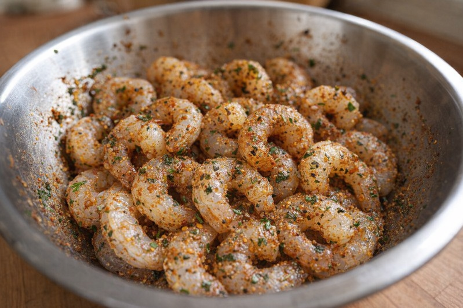 A close-up shot of raw, peeled, and deveined shrimp in a mixing bowl, coated with a vibrant blend of spices and herbs, ready for the grill